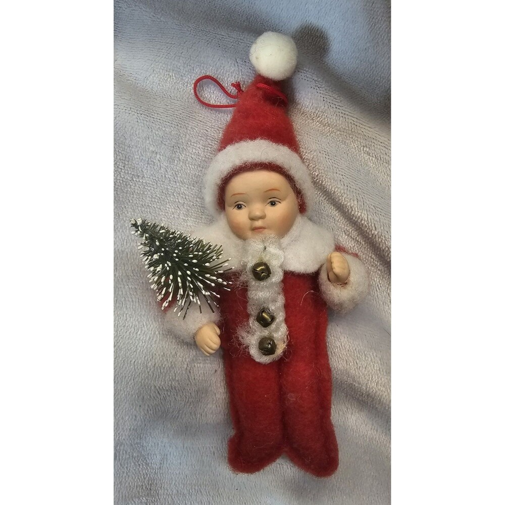 Vtg Porcelain Face Baby Christmas Ornament Pink Fuzzy Santa Outfit brn Tag